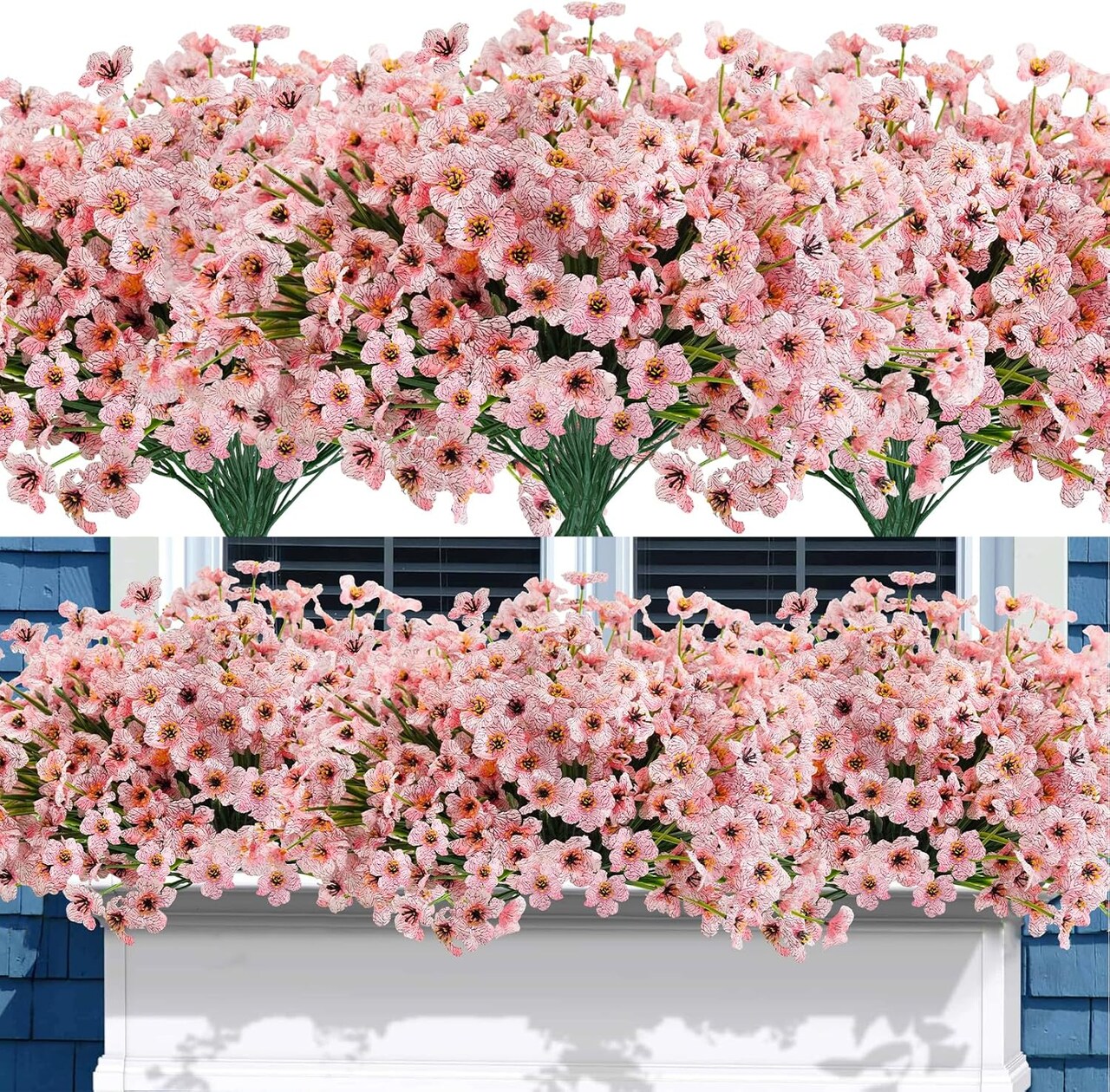 72 Bundles Artificial Flowers for Outdoors UV Resistant Fake Silk Flowers No Fade Greenery Shrubs Plants for Outside Planter Home Garden Porch Window Box Spring Summer Décor (Pink)